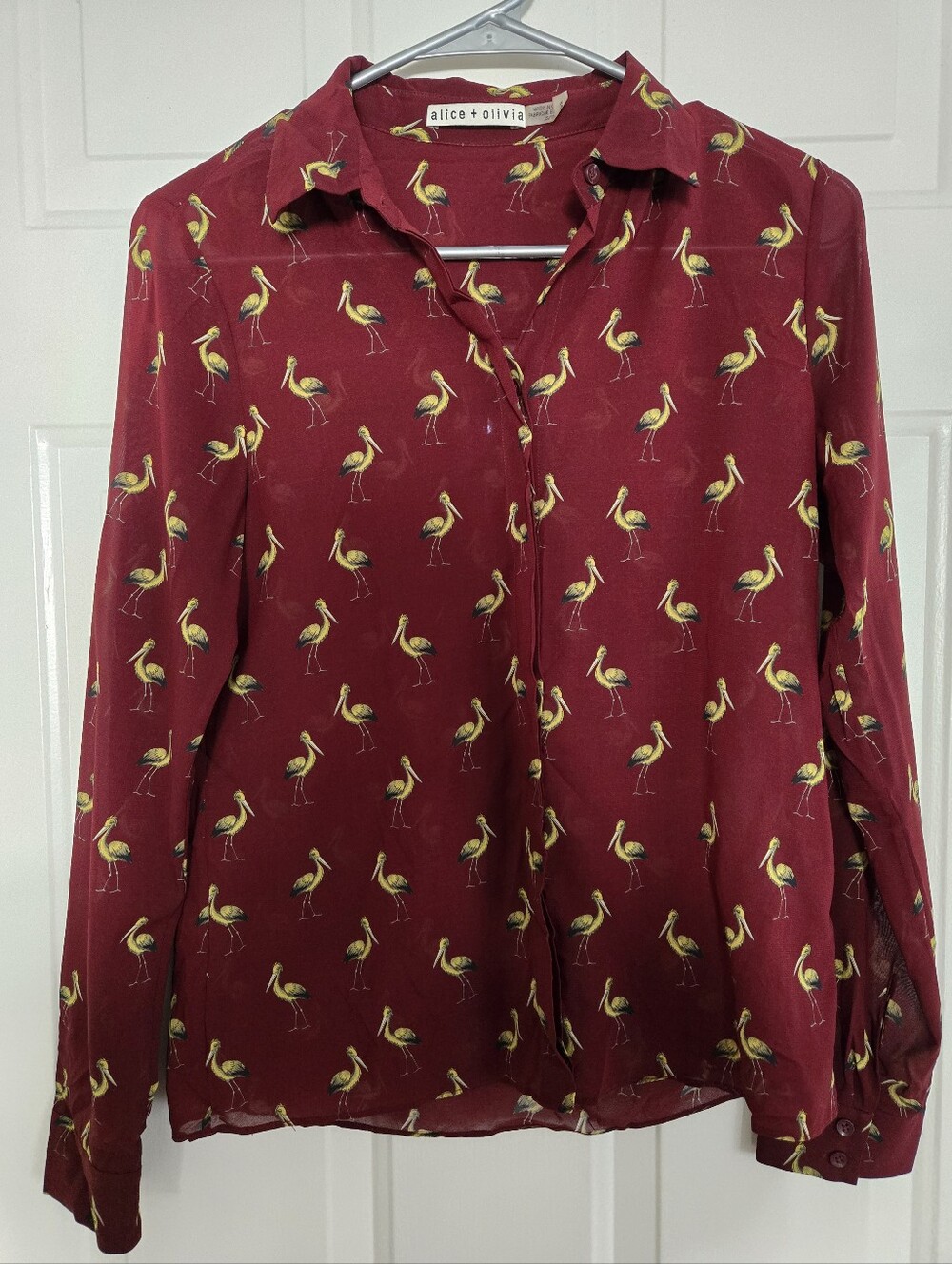 Alice + Olivia Burgundy Button-Front Silk Shirt with Yellow Bird Print